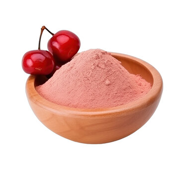 pile of finely dry organic fresh raw acerola cherry powder in wooden bowl png isolated on white background. bright colored of herbal, spice or seasoning recipes clipping path. selective focus