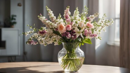 image of a vase with spring flowers standing on a table in the living room