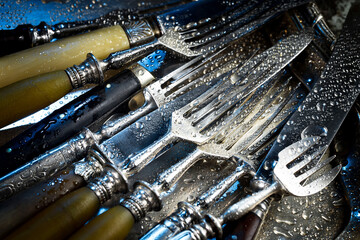 Antique silver cutlery on a dark background in a composition on a table.