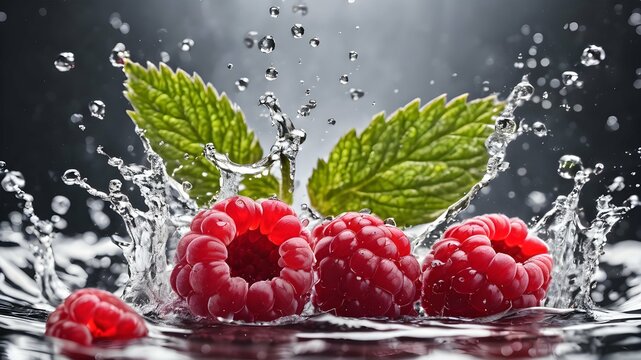 image of raspberries in water, water splashes, fruit juice, food and drinks. image for advertising