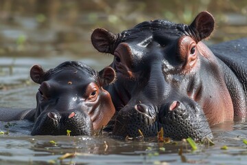 Fototapeta premium A magnificent hippo gracefully glides through the river, its massive body a testament to the beauty and power of terrestrial animals in their natural element