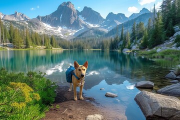 A loyal canine companion stands proudly on the rugged shore of a mountain lake, surrounded by the untouched beauty of the wilderness and a vast expanse of sky