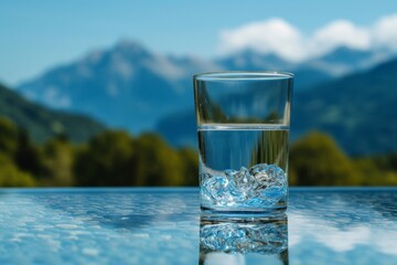 A Clear Glass of Water against a Mountainous Backdrop