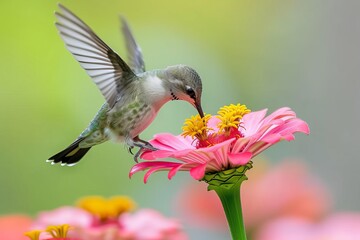 A delicate rubythroated hummingbird delicately perches upon a vibrant flower, showcasing the beauty and grace of nature in the great outdoors