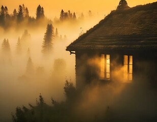 the house sits in the woods on a foggy morning