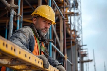 A rugged blue-collar worker stands atop a towering scaffolding, donning a bright yellow hard hat and gazing at the vast sky above, a symbol of his dedication and skill as an engineer in the world of 