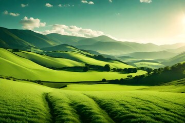 An expansive view of a charming countryside under the bright spring sun, with lush grass fields and rolling hills, the peacefulness accentuated by the presence of distant mountains