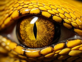 The unblinking macro eye of a reptile, a snake with an elongated vertical pupil.