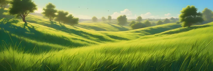  A landscape showcasing undulating green hills, sunlight evoking a sense of natural beauty in the early summer. © PLATİNUM