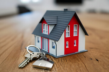 Schlüssel zum Traumhaus: Miniaturmodell eines Hauses mit Schlüssel an der Seite - obrazy, fototapety, plakaty