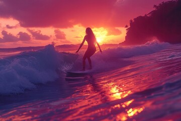 Fototapeta premium Man surfing on the board in the sunrise.