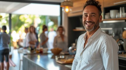 A bustling open house event with the real estate agent managing the flow of visitors