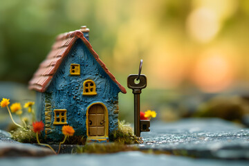 Schlüssel zum Traumhaus: Miniaturmodell eines Hauses mit Schlüssel an der Seite - obrazy, fototapety, plakaty
