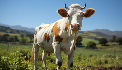 Fototapeta na wymiar Cute Holstein cattle grazing on green meadow, standing near fence generated by AI