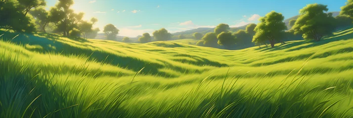 Selbstklebende Fototapeten A landscape showcasing undulating green hills, sunlight evoking a sense of natural beauty in the early summer. © PLATİNUM