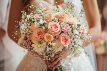 A Beautiful Wedding Couple Holding a Bouquet of Soft Pink and White Flowers