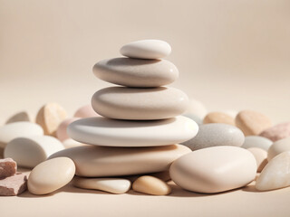 Fototapeta na wymiar Serenity in Balance: Pale Pastel Stones Stack on Neutral Stones - Flat Zen Harmony