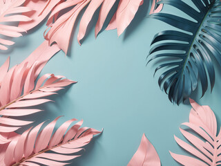 Fototapeta na wymiar Tropical Elegance: Painted Palm Leaves on a Pastel Pink and Blue Background