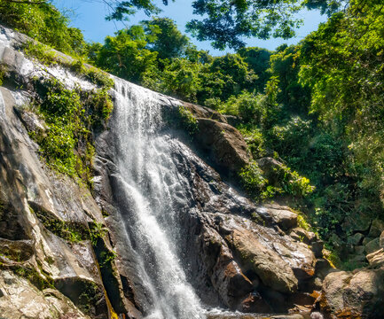 Secluded waterfall deep in the  rainforest of the protected resort island of Ilha Grande, Rio de Janeiro state, Brazil, The island interior is a nature reserve