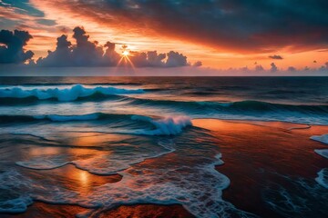 The awe-inspiring beauty of a colorful sunrise over the Atlantic coast, the sky's radiant hues creating a striking contrast with the calm ocean
