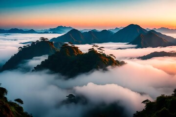 A stunning view from a high vantage point in Kerala, overlooking a sea of clouds and mist-covered mountains at dawn. The sky above is a gradient of morning hues.