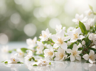 Naklejka na ściany i meble Blooms in Ivory: Panoramic Shot of Jasmine Flowers on a White Surface