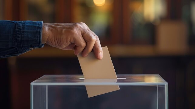 Close-up of male hand throwing voting card into the ballot box. Voting concept.