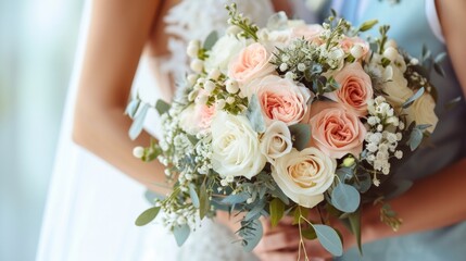 A Beautiful Wedding Couple Holding a Bouquet of Soft Pink and White Flowers