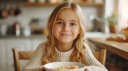 A beautiful girl 12 years old with blond hair eats soup while sitting in a light kitchen and looks at the camera