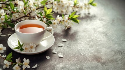 a cup of tea is on table with floral cherry branches large copyspace area