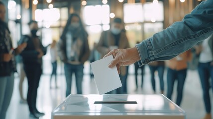 Close up of woman hand putting voting paper in ballot box with blur background. Voting concept. - obrazy, fototapety, plakaty