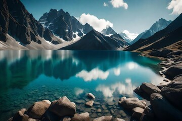 A pristine mountain lake, the water acting as a natural mirror to the surrounding peaks, the scene rendered with the lifelike quality and clarity of HD imaging, evoking tranquility