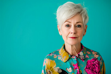 70 years old woman with short white hair, laughing happily on turquoise background,