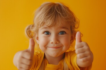 a 2 years old child with a thumbs up sign on a yellow background