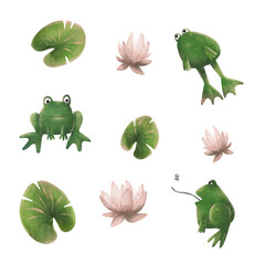 Small cute clip art stickers, frogs in a lake with leaves and lilies on a transparent background