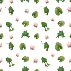 Small cute frogs in a lake with leaves and lilies on a transparent background