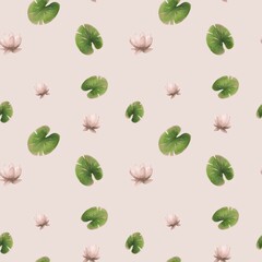 Small cute river plant leaves and lilies on a pink background