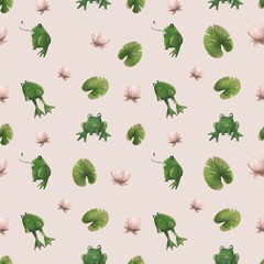 Small cute frogs in a lake with river plant leaves and lilies on a pink background