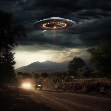 Ufo nel cielo al di sopra di una strada sterrata dove passano delle auto con i fari accesi