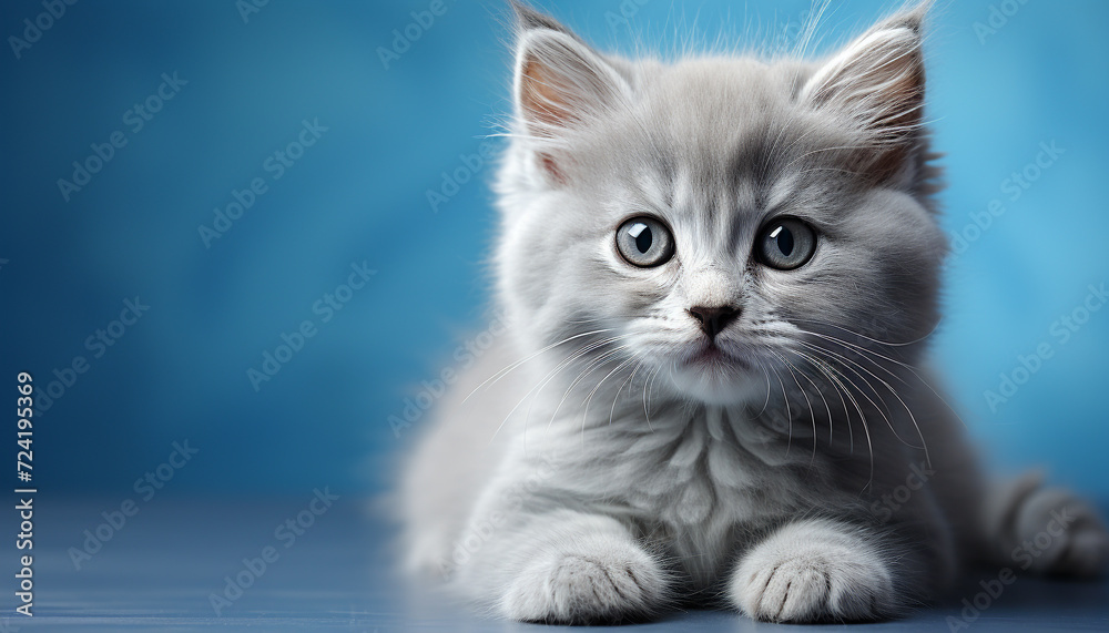 Poster cute kitten with blue eyes, sitting and staring at camera generated by ai