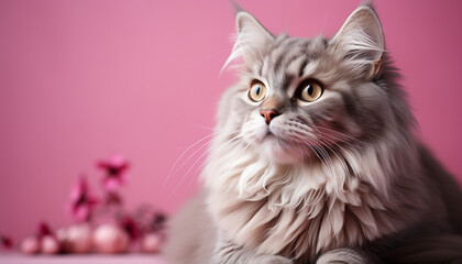 Cute kitten with fluffy fur looking at camera, sitting playfully generated by AI