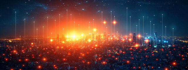 Fototapeta premium Illuminated Metropolis: A Harmonious Dance of Lights in the Night Sky