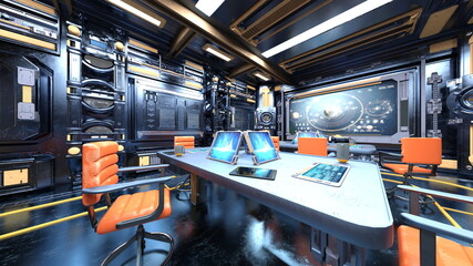 宇宙船内の会議室　3DCGレンダリング