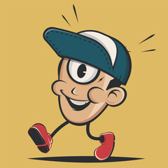 funny cartoon illustration of a head with cap and one eye walking