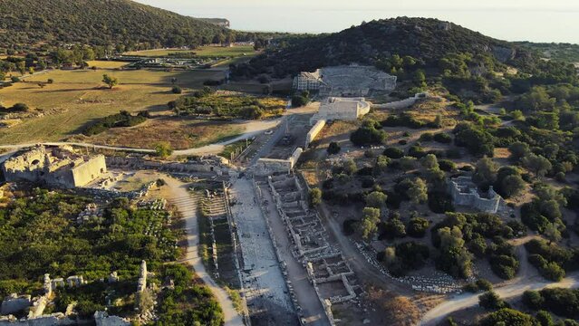 Aerial view of Ruins ancient lycian civilization antique town Patara, in Turkey