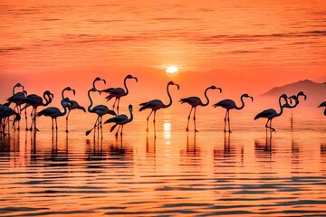 A flock of vibrant flamingos in flight, gracefully gliding over a serene lake at sunset, the sky ablaze with orange and pink hues