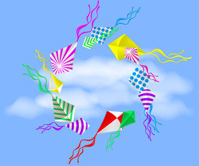 Color air kites in the cloudy sky. Kite festival background - 724196540