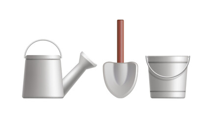 Garden tools. 3D watering can, shovel and bucket. Vector objects - 724196571