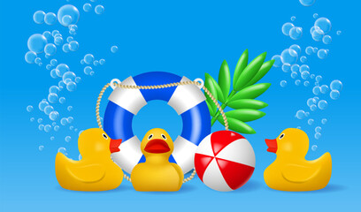 Summer vacation poster with 3d inflatable objects. Beach ball, lifebuoy and yellow
rubber ducks under water. Vector illustration - 724196579
