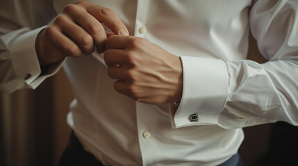 Close-up of a man's hands buttoning a shirt - obrazy, fototapety, plakaty